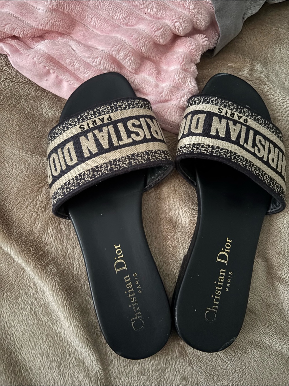 Dior Black Slides with Beige Logo Canvas Strap